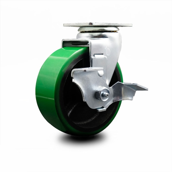 5 Inch Green Poly on Cast Iron Swivel Caster with Ball Bearing and Brake SCC